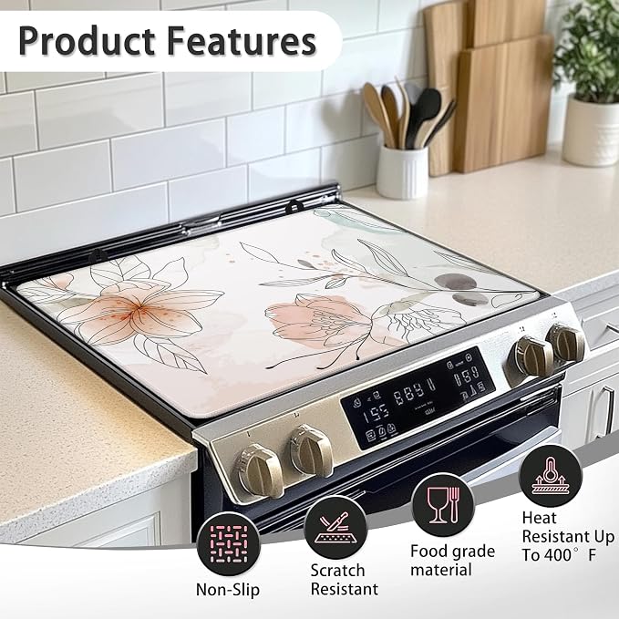 Floral Leaves Line Art Stove Top Cover for Electric Stove,Extra Thick Natural Rubber Glass Top Protector,Prevents Scratching,Expands Usable Space 28x 20