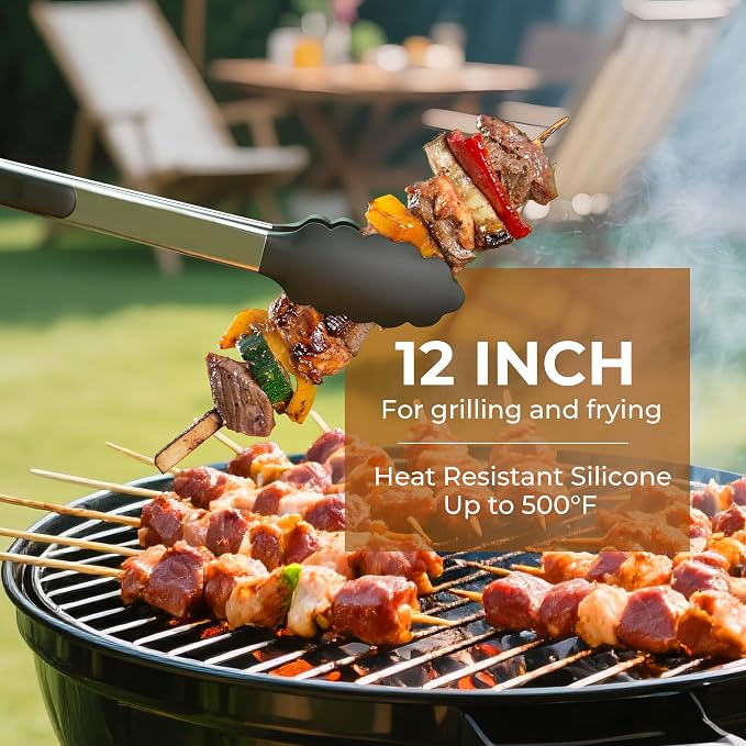 Stainless Steel&Silicone Food Tongs Set of 2 (9+12 Inch)-BPA-Free&Non-Toxic Heat Resistant Non-Scratch BBQ&Cooking Tools,Strong Grip Locking for Grilling,Air Fryer,Salad,Dishwasher Safe