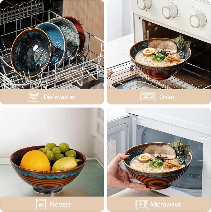 8 Inch Ceramic Ramen Bowl Set of 2, 40oz Japanese Bowls with Spoons & Chopsticks,Durable,Microwave & Dishwasher Safe,Perfect for Ramen,Pho,Salad,Soup,Noodles，Mixing bowls（Verdigris Green）