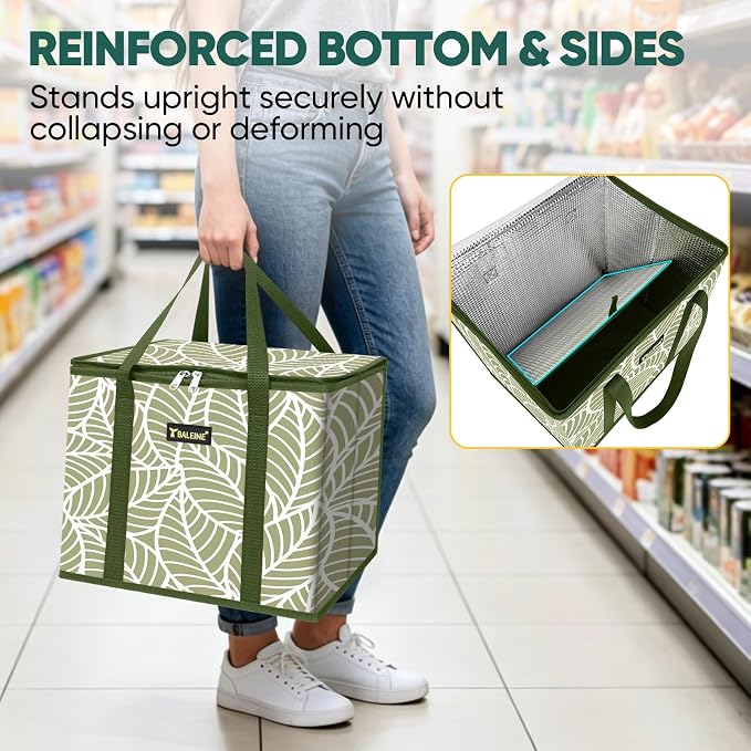 BALEINE 1PK Insulated Reusable Grocery Bag, Heavy Duty Shopping Tote | Foam & Foil Insulation, 9" Long Handles, Reinforced Bottom Keeps Upright, Fold Flat Storage, Water-Resistant Shopping Bag
