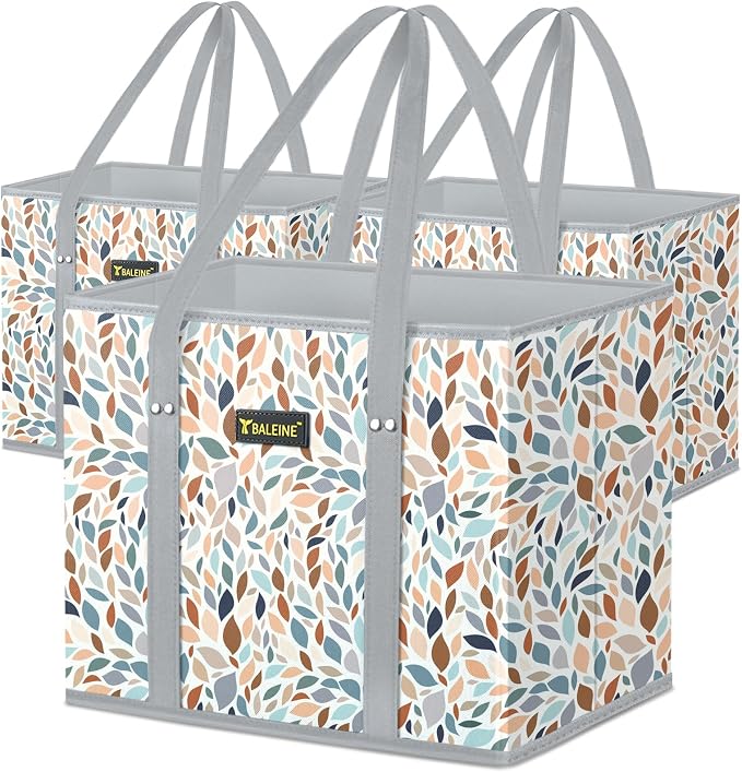 BALEINE 3PK Reusable Grocery Bags, Heavy Duty Shopping Tote Bag | 12'' Long Handles, Reinforced Bottom Keeps Upright, Fold Flat Storage, Water-Resistant Shopping Bag, Multiple Color Options