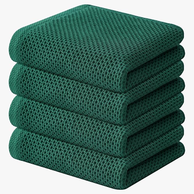 Kitinjoy 100% Cotton Waffle 4-Pack Kitchen Towels, 13" x 28", Dark Green | Super Soft, Ultra-Absorbent, Fast Drying, lightweight, Quick Drying Kitchen Hand Towels