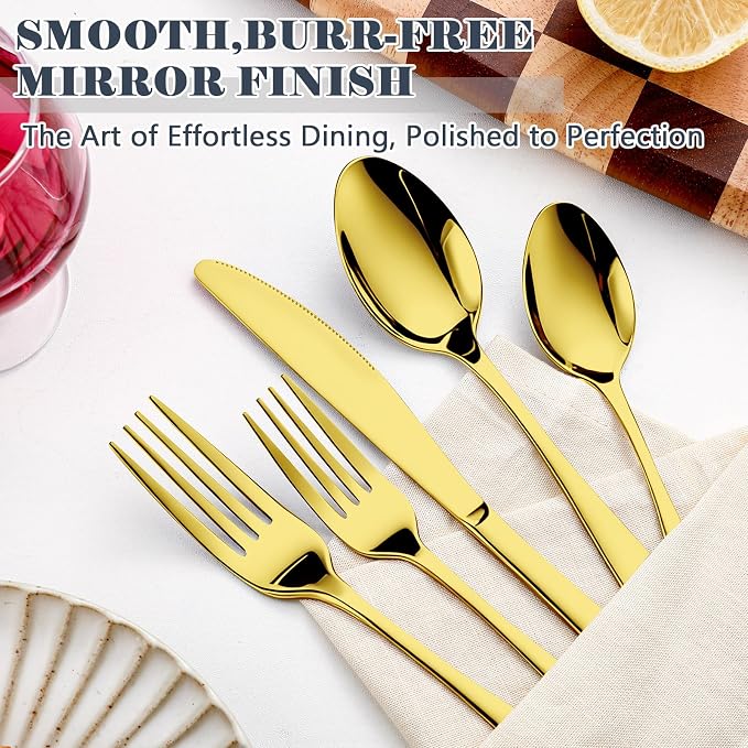 BEWOS 49-Piece Gold Silverware Set with Organizer - Stainless Steel Silverware Set for 8 with Drawer Organizer, Mirror Polished Flatware Set for Home and Restaurant, Dishwasher Safe