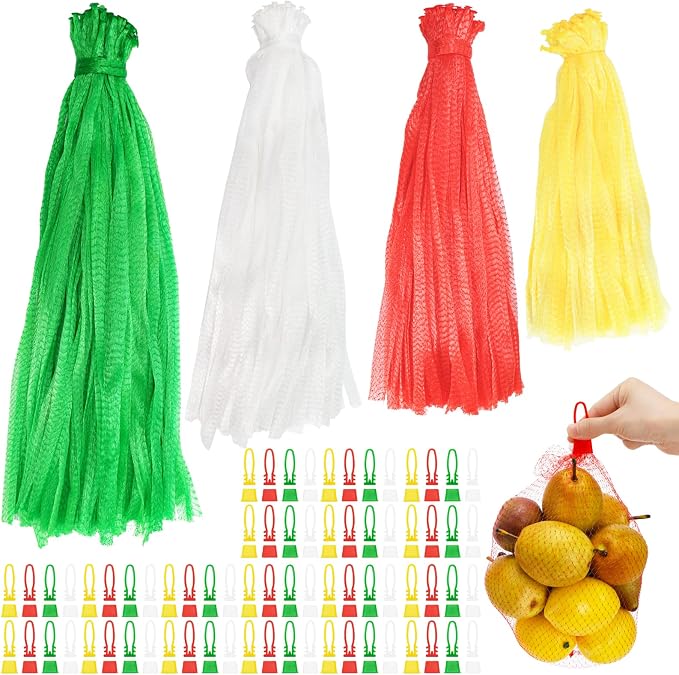 Hedume 400 Pcs Mesh Nylon Netting with Loop Style Closures, 13.8-23.6 Inch 4 Sizes Reusable Produce Mesh Bags, Expandable Plastic Produce Bags for Fruit, Seafood, Crab, Garlic, Egg