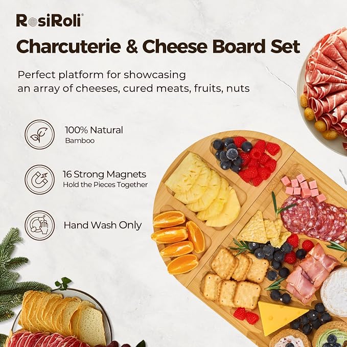 Magnetic Bamboo Charcuterie Board Set, 3-Piece Serving Tray | 100% Natural Bamboo, Magnetic 3-Piece Transformable Layout,Built-in Juice Grooves, Fits Parties and Gatherings