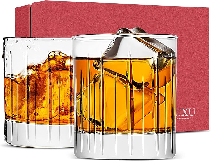 LUXU Crystal Whiskey Glasses 11 Ounce Scotch Glasses,Old Fashioned Cocktail Glasses,Clear Bourbon Glasses with Heavy Base for Bar,Party,Rum,Cognac/2 Rock Glasses in Gift Box-Hand Cut