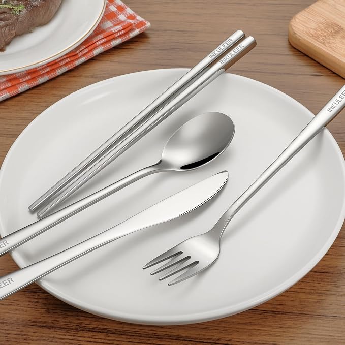 iNKULEER Travel cutlery set, 18/8 stainless steel cutlery, Reusable utensils set with case, Portable Silverware Lunch Box for Camping and Office-Stainless steel