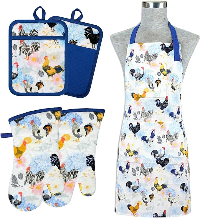 Alselo Oven Mitts and Pot Holders with Chef Apron,Kitchen Set of 5 | Heat Resistant Kitchen Gloves and Silicone Non-Slip Potholders Adjustable Neck Buckle Chef Apron, Rooster Design (Rooster)