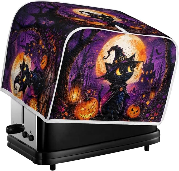 Witch Cat Print Toaster Dust Cover Pumpkin Print Bread Maker Machine Covers Anti Fingerprint Kitchen Small Appliance Cover for Halloween Decor