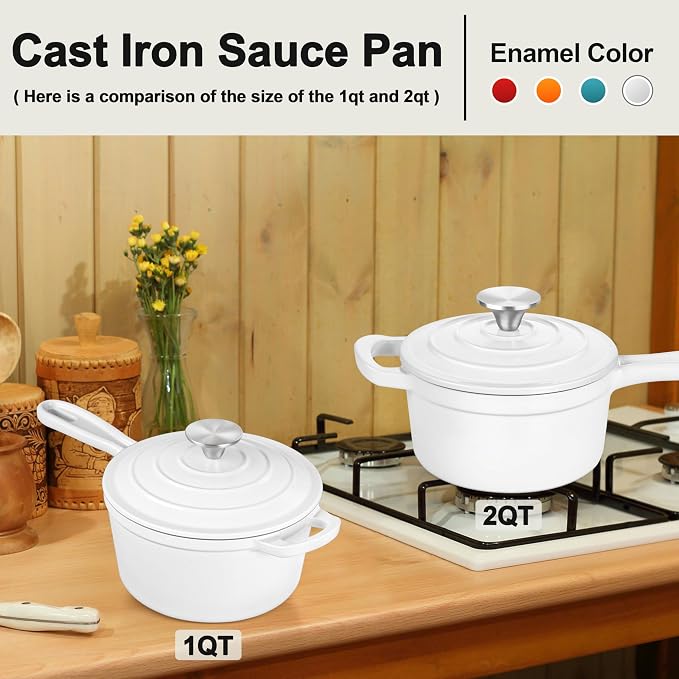 Leonyo 1QT Enameled Cast Iron Saucepan with Lid, Pasta Cookware Pot, White | For All Cooktops Cooking Pasta, Soup, Egg, Up to 500°F & 4.4Lbs