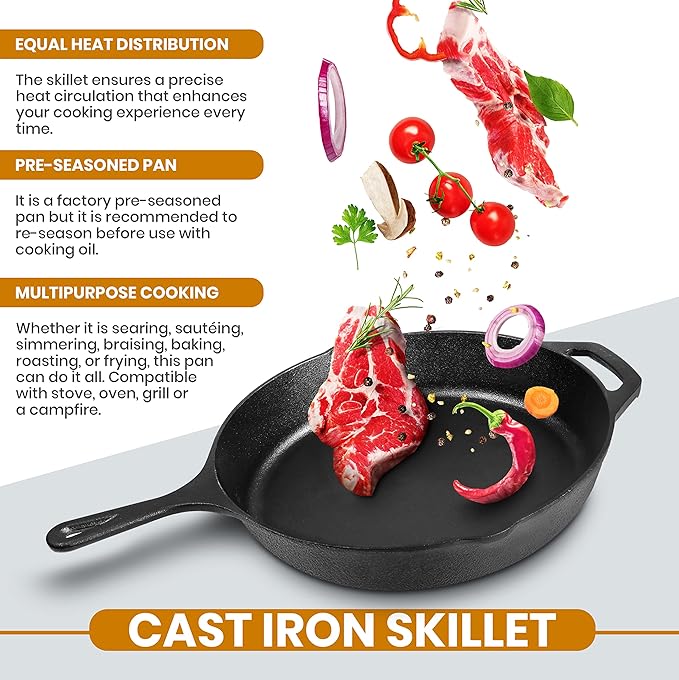 Utopia Kitchen Cast Iron Skillet 10 Inch with Lid Chefs Frying Pan Black | Chefs Pan, Pre Seasoned Skiller, Indoor and Outdoor Use, Grill Safe Cookware, Even Heat Distribution, Durable