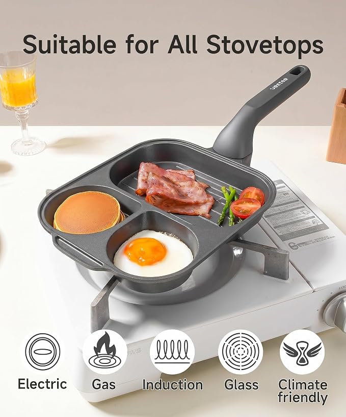 JEETEE Divided Egg Pan&Frying Pan, 3-in-1 Nonstick Omelete Pan, Breakfast Skillet for Eggs, Bacon & Pancakes, Titanium-Enhanced Nonstick Coating, PFOA/PFOS/PTFE Free, Induction Compatible Cookware