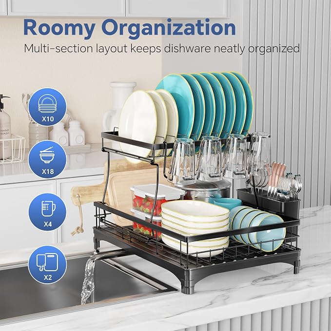 Simple Trending Dish Drying Rack, 2-Tier with Utensil Holder, Black | Stainless Steel Dish Rack for Kitchen Counter, Large Capacity Dish Drainer Organizer, Automatic Drainage, 17"D x 12"W x 15"H