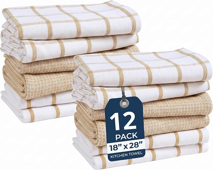 LANE LINEN Kitchen Towels & Dishcloths Set of 12-100% Cotton, Quick-Drying 18” x 28” Absorbent Dish & Tea Towels, Soft Hand Towels for Kitchen - Beige