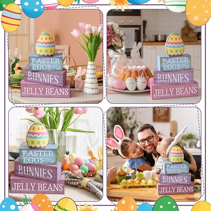 Lineshading 4 Pcs Easter Block Signs, Farmhouse Tiered Tray Decor Wooden | Rustic Blocks with Easter Eggs Bunnies Jelly Beans Text, Colorful Egg Topper, Spring Tabletop Shelf Mantel Gift