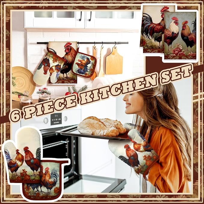 Bencailor 6 Pcs Rooster Chicken Kitchen Decor Rooster Kitchen Towels Brown Pot Holders and Oven Mitts Sets 2 Farmhouse Cooking Mittens for Cooking Grilling Supply Accessories
