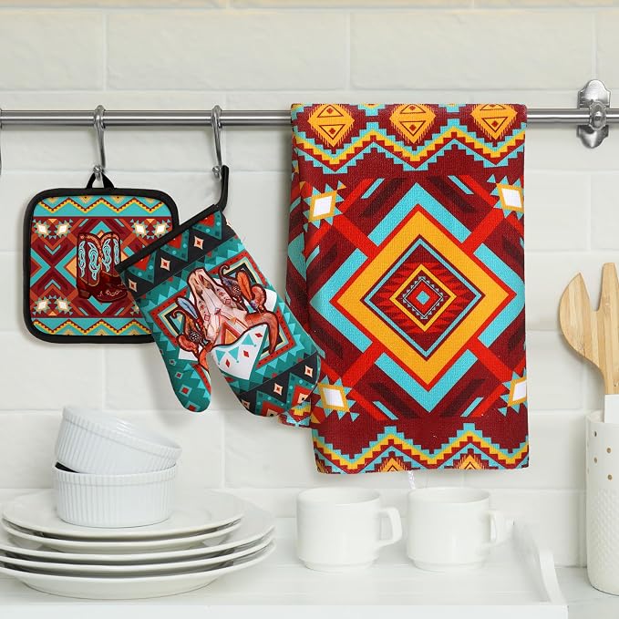 Jingmore 6 Pcs Kitchen Decor Set Accessorie Farmhouse Kitchen Towels Pot Holders Oven Mitts Set 2 Dish Towels 2 Pot Holders 2 Cooking Mittens Oven Glove for Cooking(Retro Color,Western Boho Aztec)