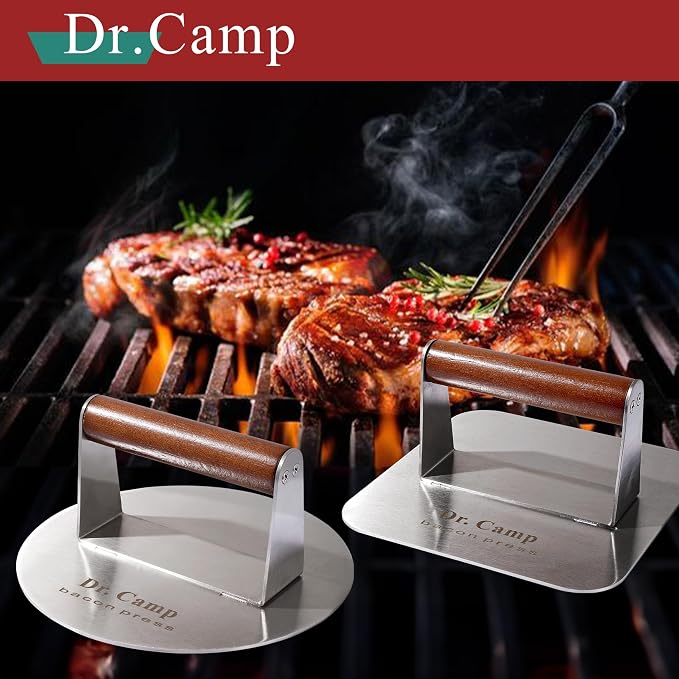 Dr.Camp 2 Pack Stainless Steel Burger Press with Real Wood Handle 7 Inch Smash Burger Press Bacon Press Grill Press Set for Griddle Flat Top Hamburger Smasher Meat Press
