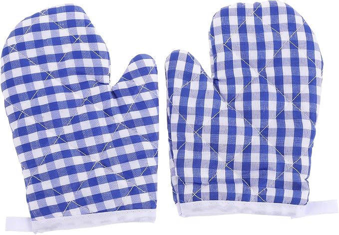 2Pcs Oven Mitts for Play Kitchen, Anti- Scald Gloves Microwave Oven Gloves Kitchen Mitts for Safe Baking Cooking (Dark Blue Checkered)