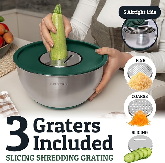 Priority Chef Stainless Steel Mixing Bowls with Lids Set, 3 Grater Attachments, Airtight Lids, Non-Slip Silicone Base Mixing Bowl Set, Large Prep Metal Mixing Bowls for Kitchen, Green