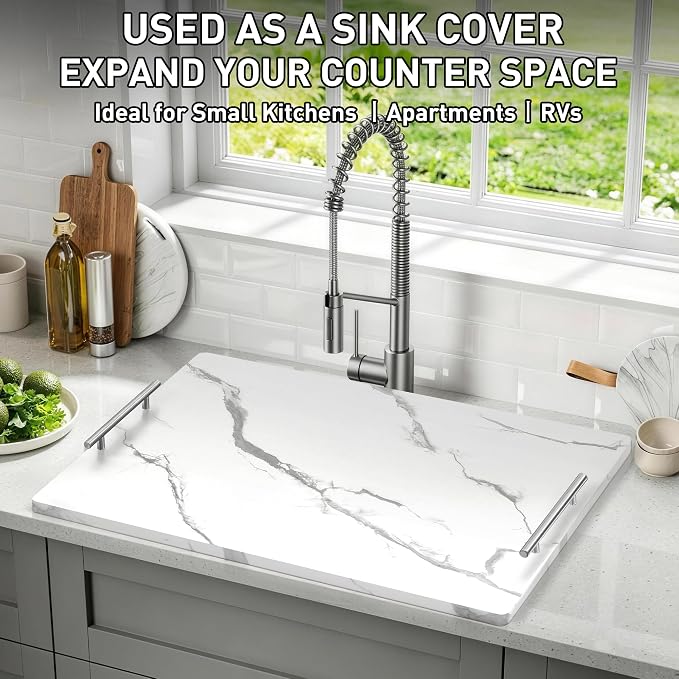 Noodle Board Stove Cover with Handles, Stove Top Covers for Gas Burners and Electric Stove, Wood Stove Cover Board Decorative Serving Tray Kitchen Sink Cover for Counter Space (White Marble)