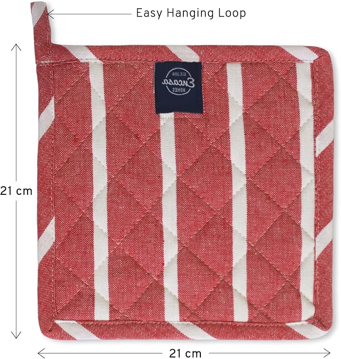 Encasa XO Pot Holders, Quilted Kitchen Hot Pads 8"x8" Roma Red Stripes | 100% Eco-Friendly Cotton | Thick Cotton Padding Insulation | Convenient Hanging Loop | Set of 2