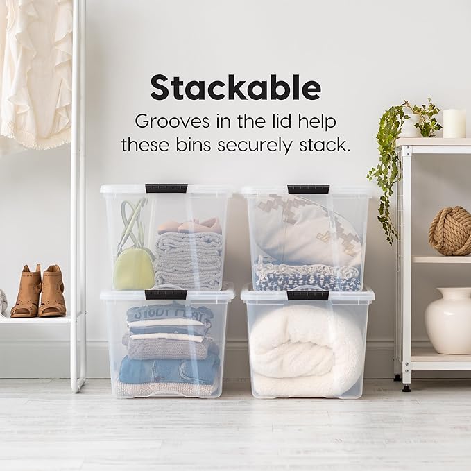 IRIS USA 4-Pack 72 Quart Storage Bins with Lids, Clear | Transparent design makes contents easy to find. Perfect for moving, blankets, clothing, and garage storage. Nestable design