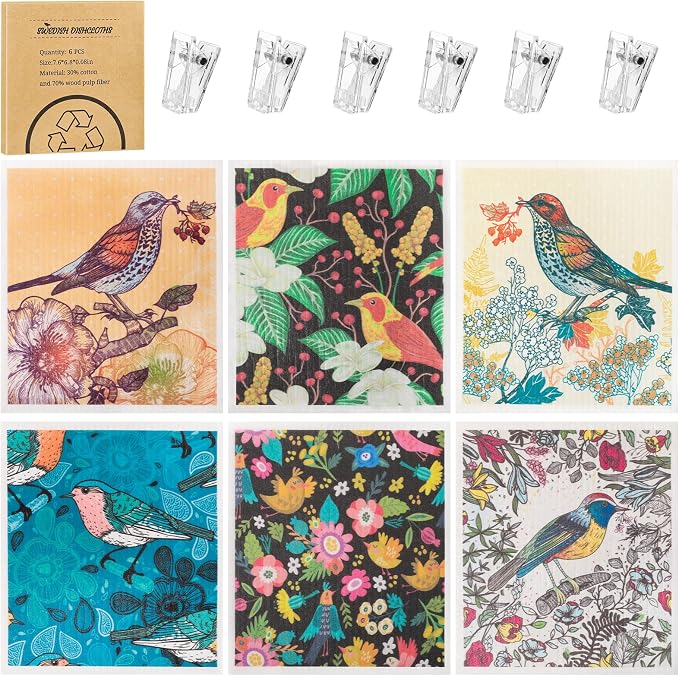 6 Pack Swedish Dishcloths for Kitchen, Absorbent Retro Bird Dish Cloths | Swedish Rags Dish Towels with Adhesive Clips, Reusable Paper Towels No Odor for Countertop Dishes Kitchen