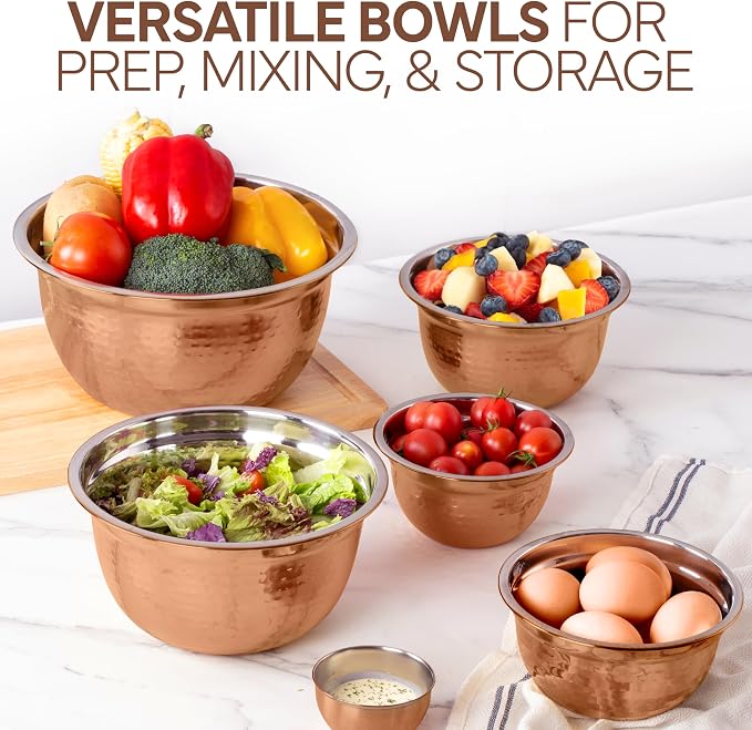 COOK WITH COLOR 18 Piece Mixing Bowls Set with Airtight Lids, Handcrafted Stainless Steel Bowls, Food Storage Containers, Meal Prep, Nesting Salad Bowls For Cooking, Baking, Kitchen, Copper - Hammered