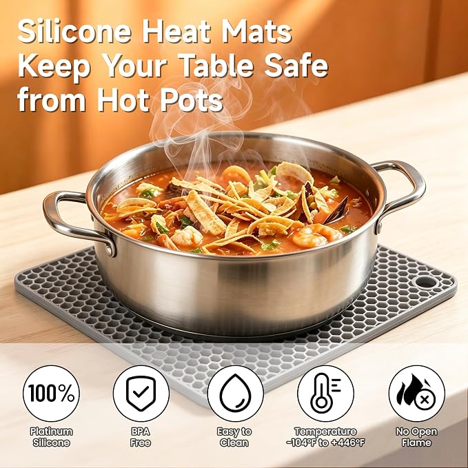 Trivets for Hot Dishes, Non-Slip Silicone Hot Pads for Kitchen Countertop Protector, BPA Free Heat Resistant Mat for Hot Pots and Pans 4-Pack Food Grade Silicone Grey