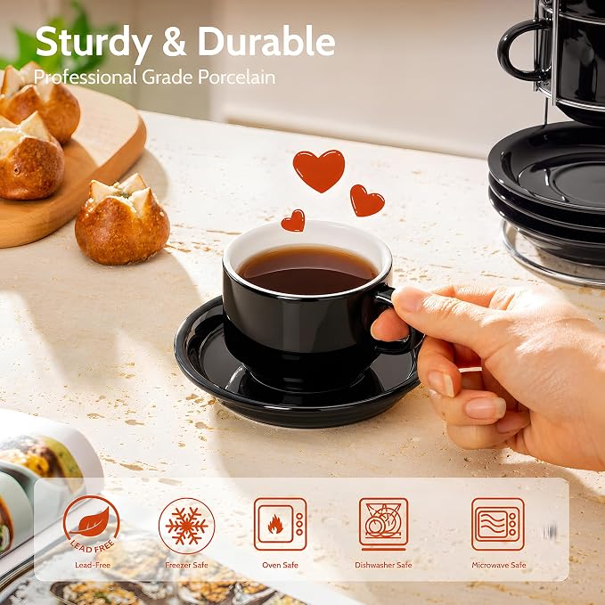 Sweese 8 Ounce Stackable Cappuccino Cups with Saucers and Metal Stand,Black | Porcelain Cappuccino Cups Set of 4 for Specialty Coffee Drinks, Cappuccino, Latte, Americano, Cafe Mocha and Tea