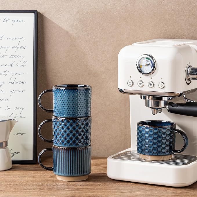 GBhome 12 OZ Stackable Coffee Mugs Set of 4, Ceramic Coffee Cups Set | 4 Assorted Designs, Embossed Mugs with Texture Patterns for Tea/Coffee, Dishwasher&Microwave Safe, Deep Blue