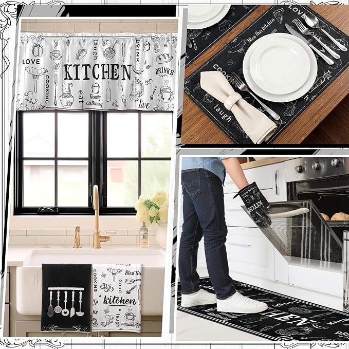 Fourluoo 16 Pcs Black White Kitchen Towel Rug Set Modern Decor | Non Slip Kitchen Rugs Mats, Oven Mitts Pot Holders Curtains, Farmhouse Home Decor Accessories, Housewarming Gift