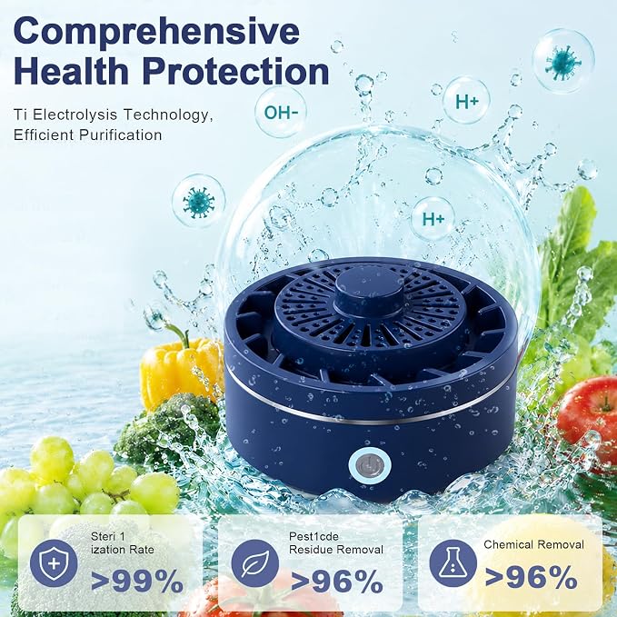 AZ GOGO Produce Cleaner Device, Fruit and Vegetable Wash Machine, Automatic Fruit Washer, 2026 New Ti Electrolysis IPX7 Waterproof Wireless Automatic Portable Food Purifier (Blue)