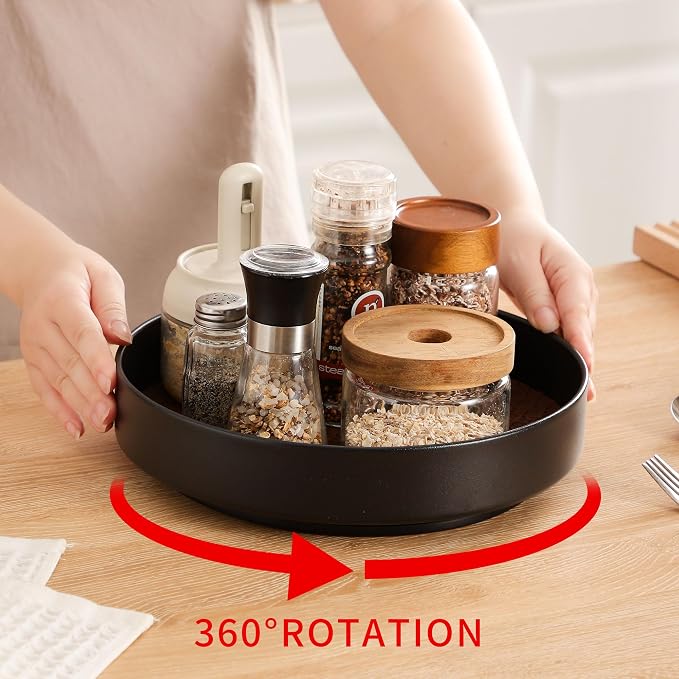 Non-Slip Rotating Lazy Susan Turntable, 360-Degree Swivel, Black with Textured Surface (Black, 10inches+12inches)