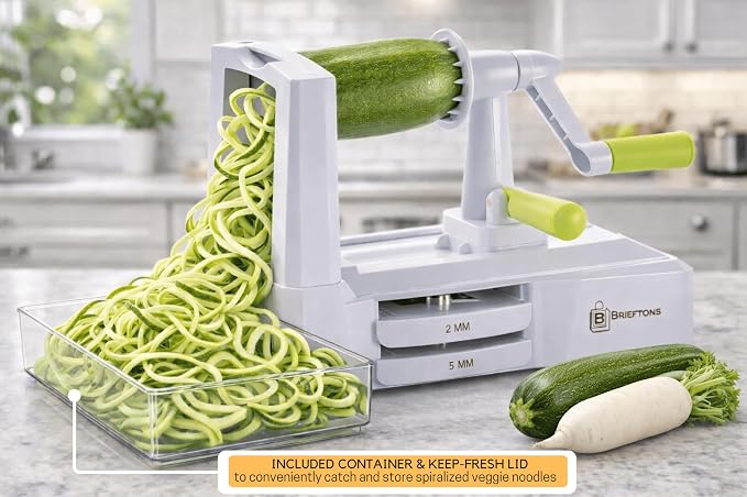 Brieftons 7-Blade Vegetable Spiralizer: Veggie Noodle Maker with Curly Fry & Crinkle Chip Blades, Catch Container, Keep-Fresh Lid, Blade Caddy, 4 eBooks | Low Carb, Vegan, Gluten-Free, Keto, Paleo