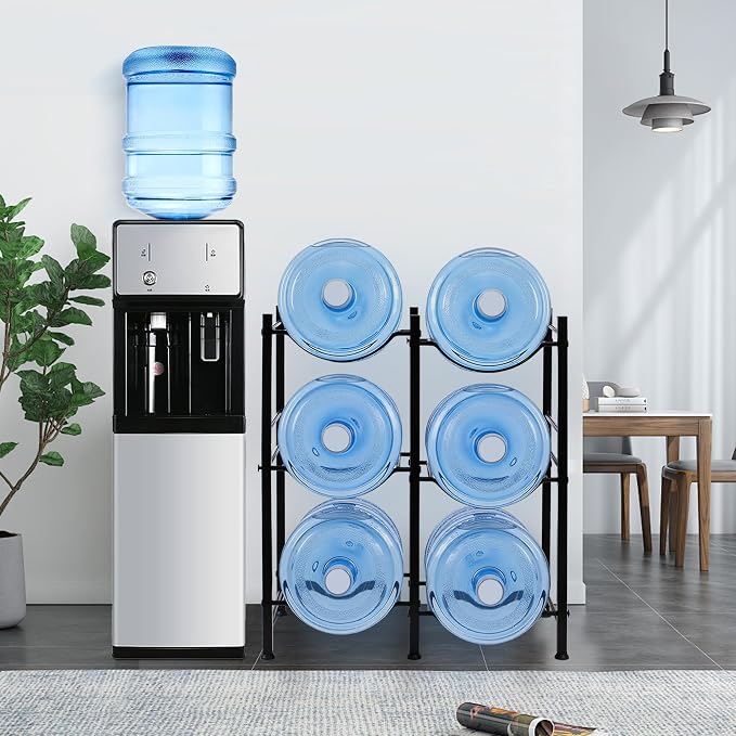 Klvied 5 Gal Jug Rack, 3 Tier for 6 | Heavy duty steel, built-in lifter, includes cap, holds 6 bottles, kitchen/office/gym