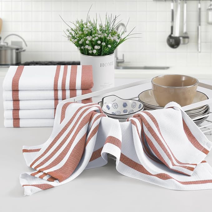 Homaxy Premium Cotton Stripe Kitchen Towels 8 Pack, 18"x 28", Rust | Large 380 GSM Kitchen Hand Towels, Soft Terry Dish Towels, Highly Absorbent Tea Towel Set with Hanging Loop