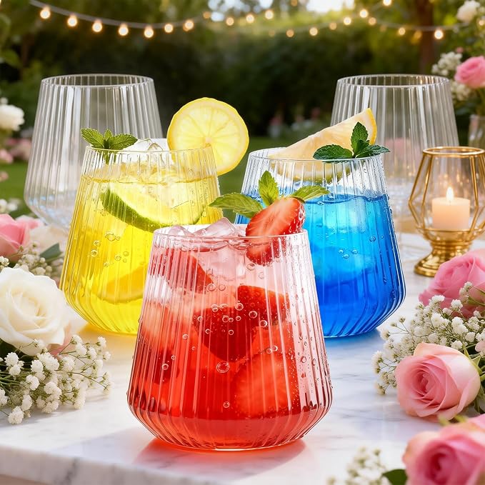BESTSTAR 36 Pcs 12oz Plastic Clear Ribbed Wine Glasses,Origami Ripple Glass | Disposable Champagne Glasses Elegant Whiskey Glasses Ideal for Weddings, Bars, Christmas, Halloween, Pool Party, Daily Use