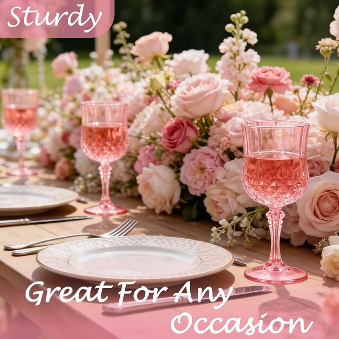48Pack Plastic Wine Glasses, 7oz Vintage Goblets for Wedding | Unbreakable Crystal Style Reusable Stemware, Elegant Pink Drinking Glass for Party Anniversary & Holiday Celebration