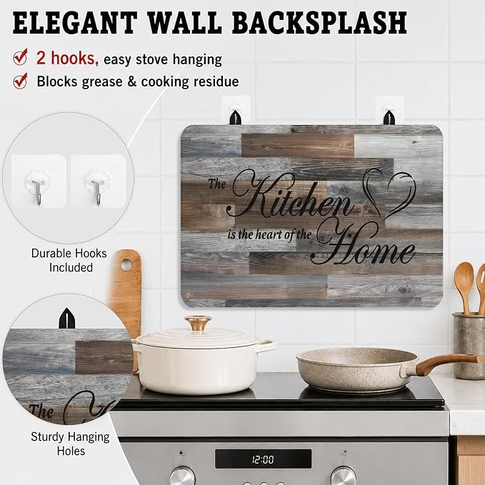 Stove Top Cover for Electric Stove 28"x20" Rubber Stovetop Cover | Heat Resistant Glass Top Stove Cover Protector Mat - Anti-Scratch Dish Drying Mat, Rustic Grey Wood Pattern with 2 Hooks