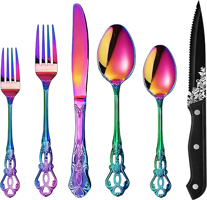Runfly Gorgeous Retro Royal Rainbow Stainless Steel 48-Piece Flatware Set | Silverware Set for 8, Anti-rust Cutlery Set Utensils Kitchen Including Fork Spoon and Knife