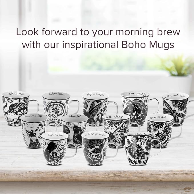 Karma Gifts 16 oz Black and White Boho Mug Floral - Cute Coffee and Tea Mug - Ceramic Coffee Mugs for Women and Men, 4.25" x 3.7"