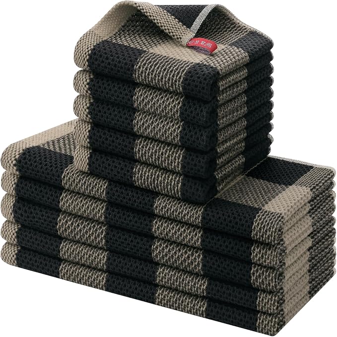 Homaxy Kitchen Towels and Dishcloths Set, Set of 10, Black & Tan | Bulk Cotton Waffle Weave Check Plaid Kitchen Towels, Super Soft and Absorbent Dish Cloths, 12 x 12 and 13 x 28 Inches