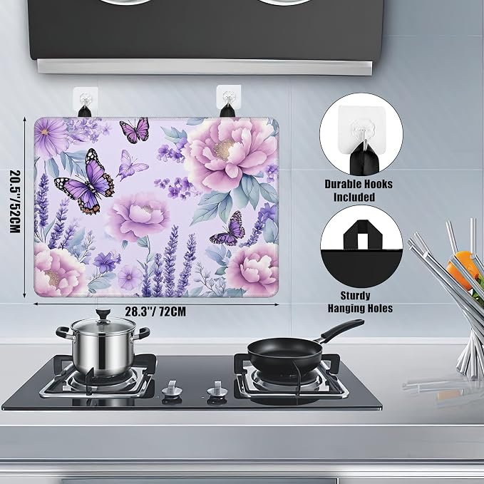 Purple Flowers Glass Top Stove Cover Protector,Watercolor Butterfly Heat Resistant Stove Top Cover, Large Size Range Covers for Electric Stove Countertop Mat, 28 x 20 Inch