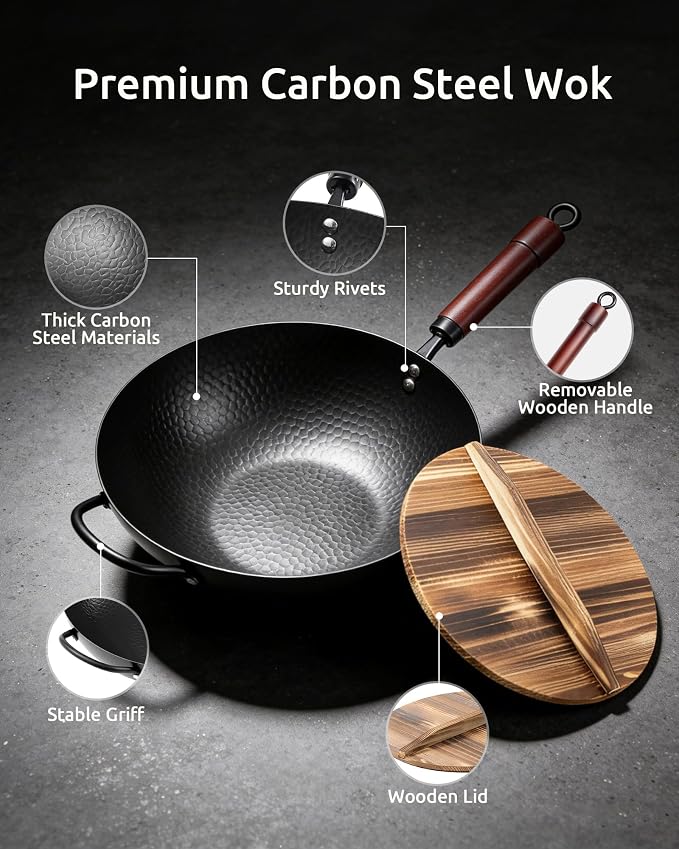 FGJ Wok Pan, Carbon Steel Wok, Woks & Stir-Fry Pans Nonstick, 13 Inch Wok Pan with Wooden Lid, Pre-Seasoned Carbon Steel Cookware, 5.8QT Flat Bottom Chinese Wok Pan, Compatible with All Cooktops