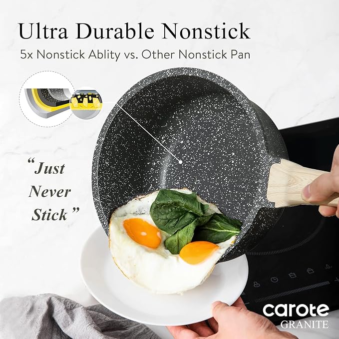CAROTE Nonstick 1.5Qt & 3.0Qt Sauce Pan Sets with Lid, Black | Kitchen Non Toxic Cookware with Stay-cool Handle, All Stovetops Compatible, Dishwasher Safe, PFOA Free