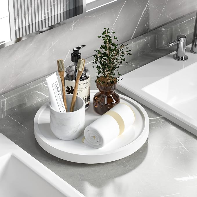 Turntable Vanity Tray, 10 Inch Bamboo Kitchen Sink Countertop Organizer | Perfume Candle Tray, Keep Glass Sponge and Soap, Bathroom Countertop Organizer, White