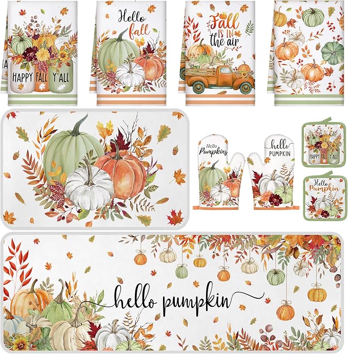 Fanfanwin 10 Pcs Fall Kitchen Decor and Accessories Set Pumpkin Kitchen Towels Maple Leaves Pot Holders Oven Mitts and Rugs Set for Home Decorations Cooking Baking Housewarming Gifts
