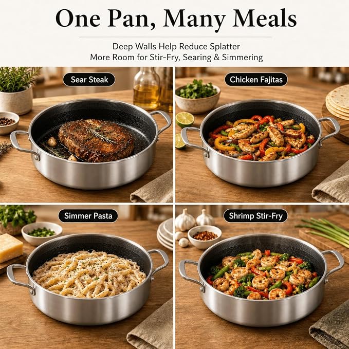 DELARLO Saute Pan 8QT, Frying Pan Nonstick with Lid, Tri-ply Stainless Steel Skillet, Large Braiser Induction, Everyday Pans, Heavy Duty Style, Compatible with All Cooktops Up to 660℉
